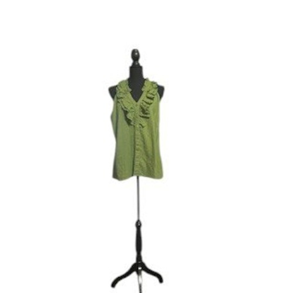 Marisa Christina Ruffle Sleeveless Top Linen Blend Green Blouse 1X